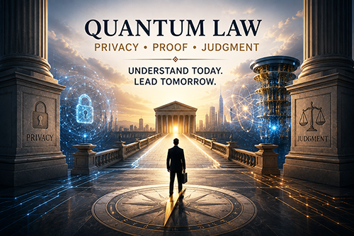 A person in a suit standing on a path leading to a grand building, with columns on either side. The scene features elements representing privacy and judgment, such as locks and scales, with a futuristic cityscape in the background. The text "QUANTUM LAW" is prominently displayed above, along with the phrases "PRIVACY, PROOF, JUDGMENT" and "UNDERSTAND TODAY. LEAD TOMORROW."